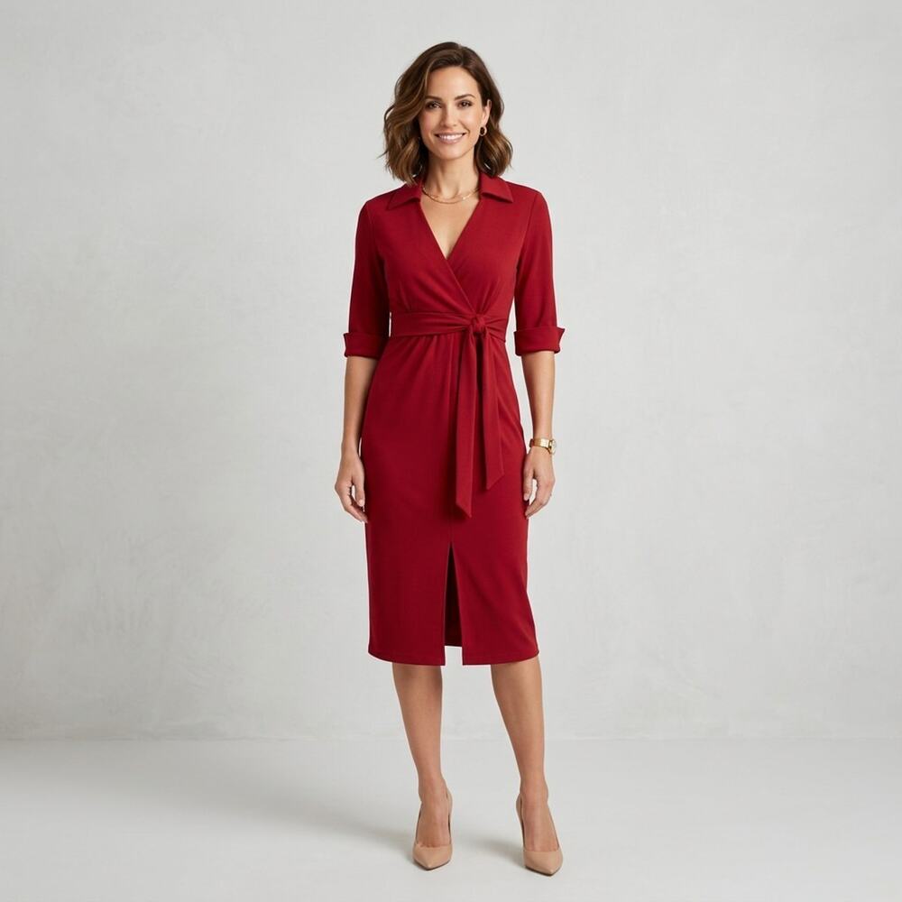 Julian Taylor Womens Red Faux Wrap Dress Size 6 Knee Length V Neck Tie Waist